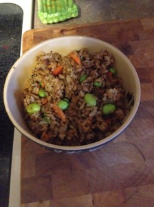 brown rice, edamame, carrots, fried tofu